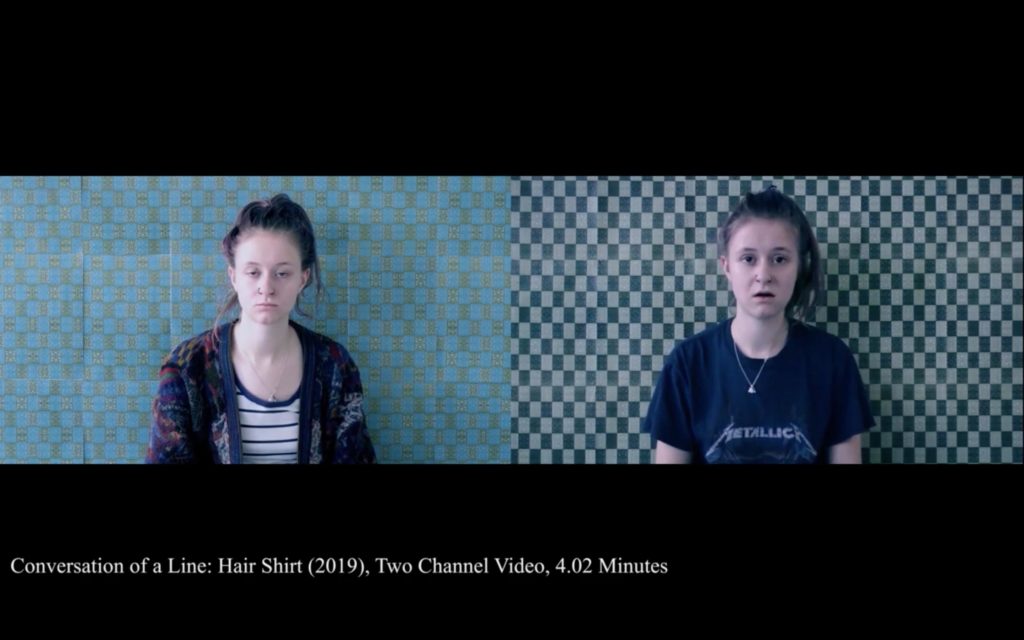 Screenshots from Conversation of a Line: Hair Shirt (2019), Two Channel Video by Molly Higgins